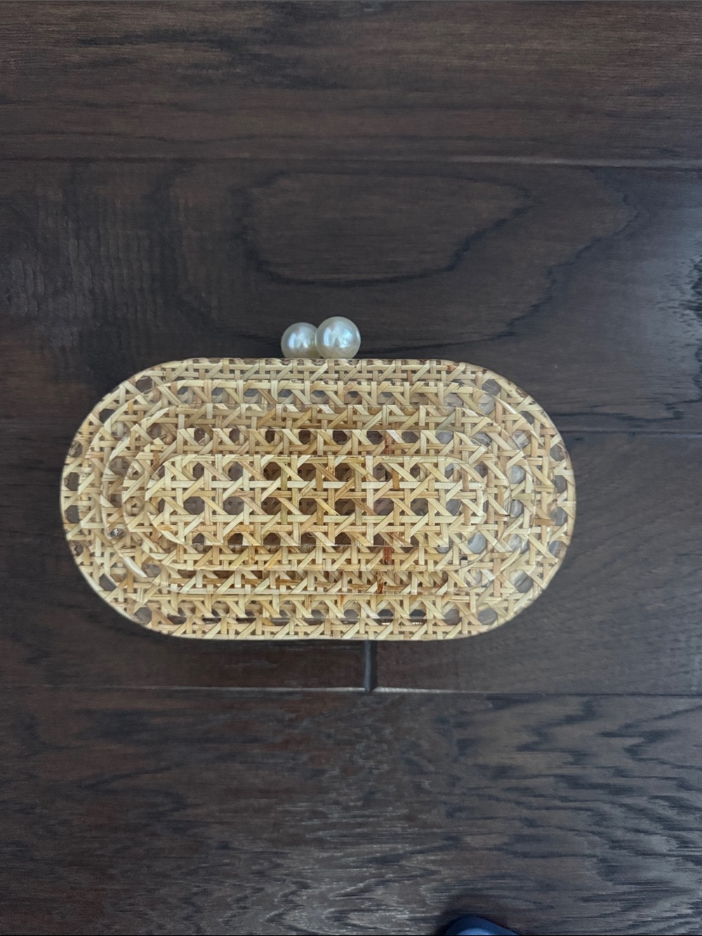 Woven Rattan Oval Clutch in Natural with Pearl Closure with hard Shell
